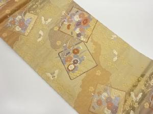 色紙に道長取・草花・蝶模様織出し袋帯